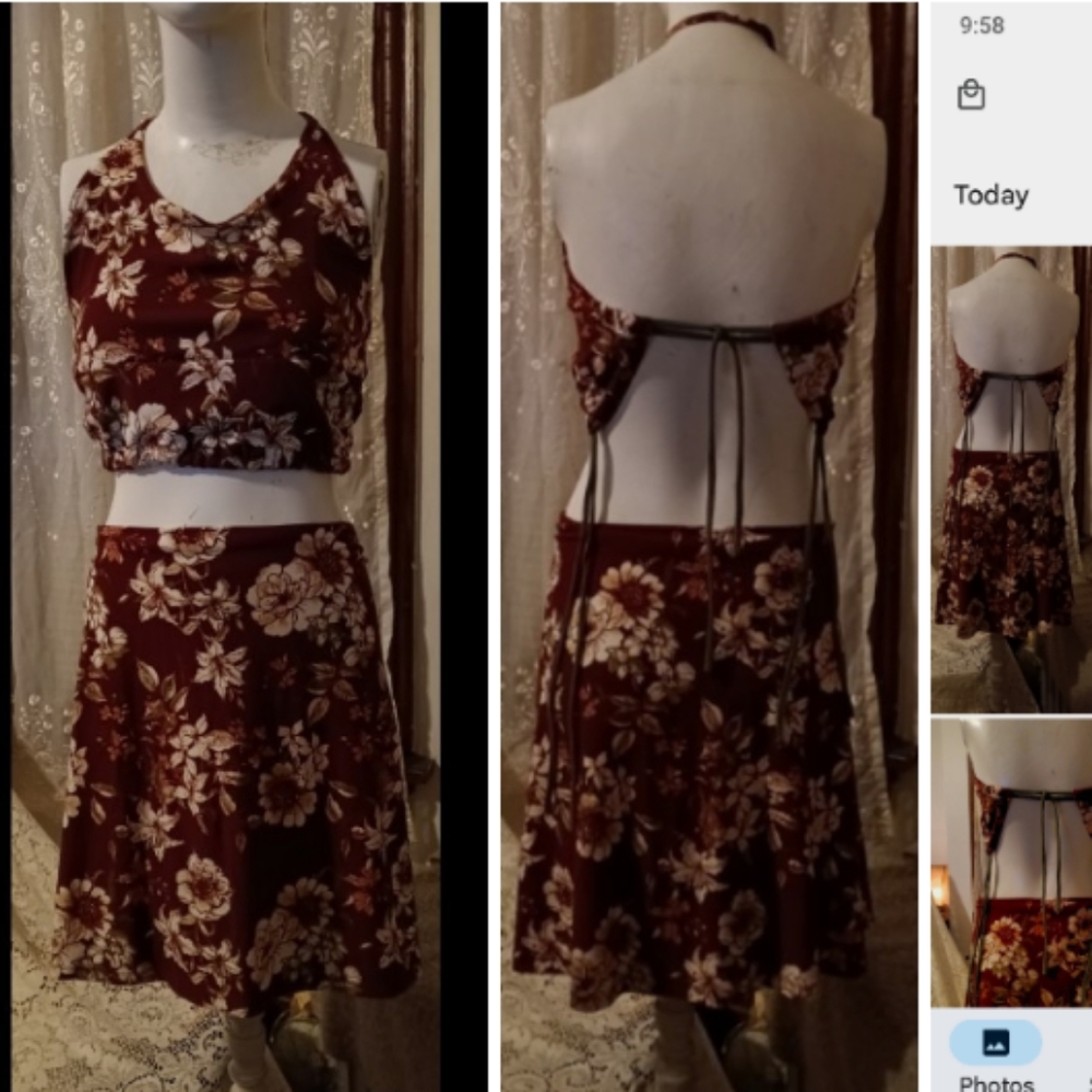 Burgundy Red Floral, Soft & Stretchy, Cute Skirt & Crop Top Set!